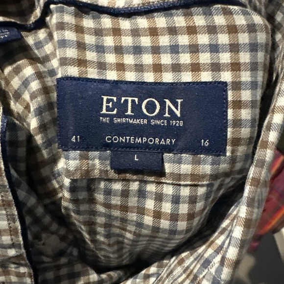 Eton Dress Shirt Men's Large L 16-41 Blue/Brown Gingham Check Contemporary Fit - Picture 2 of 12